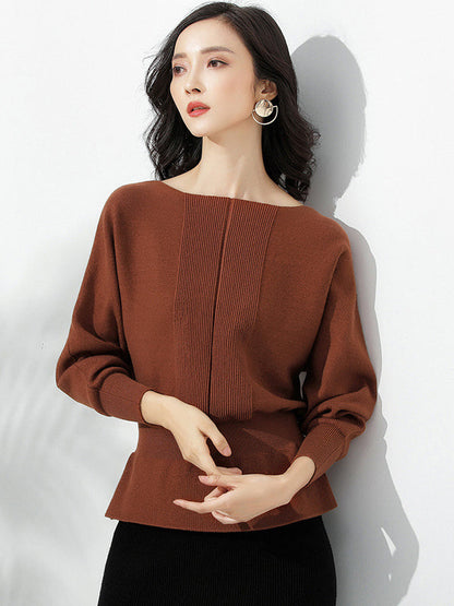 Elegant Red Boat Neck Tunic Ruffled Hem Long Sleeve Sweater AN1040