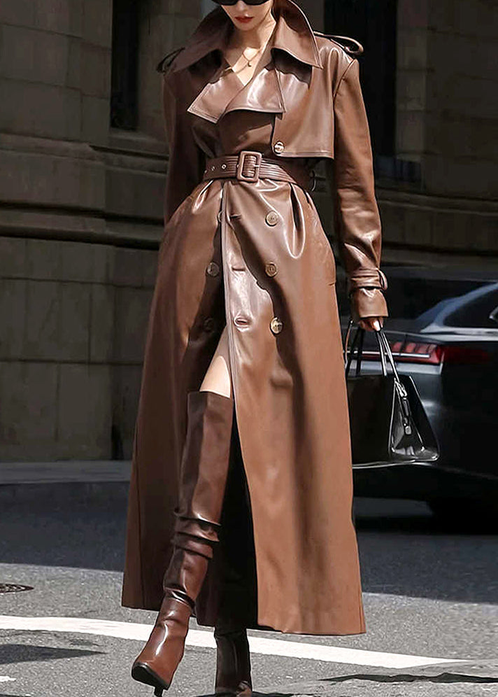 French Coffee Notched Button Faux Leather Long Trench Coat Winter RY002