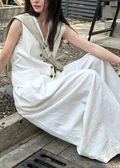 Vogue White V Neck Button Linen Waistcoat And Wide Leg Pants Two Piece Set Summer AN1030