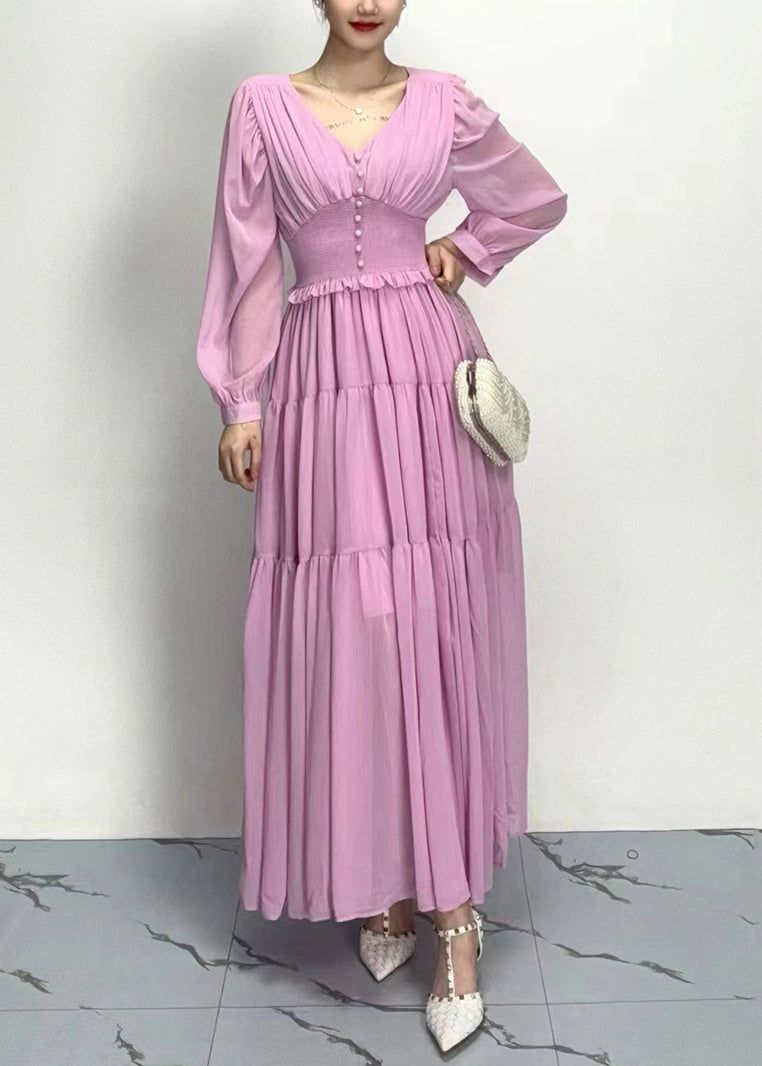 Schickes lila Chiffonkleid mit V-Ausschnitt und Falten-Patchworkmuster und langen Ärmeln AY1016