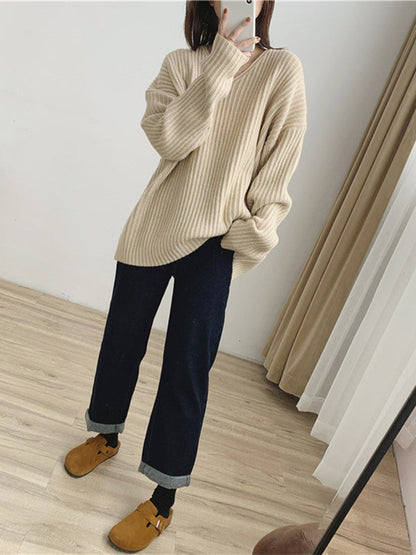 Vintage Caramel V-Neck Long Sleeves Striped Knit Sweater QX001