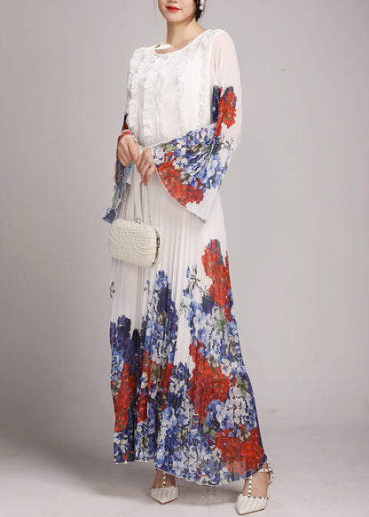 Fashion White O-Neck Ruffled Patchwork Tie Waist Chiffon Long Dress Long Sleeve AO1034