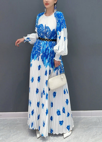 Style White Blue O Neck Print Wrinkled Long Dresses Petal Sleeve AO1001