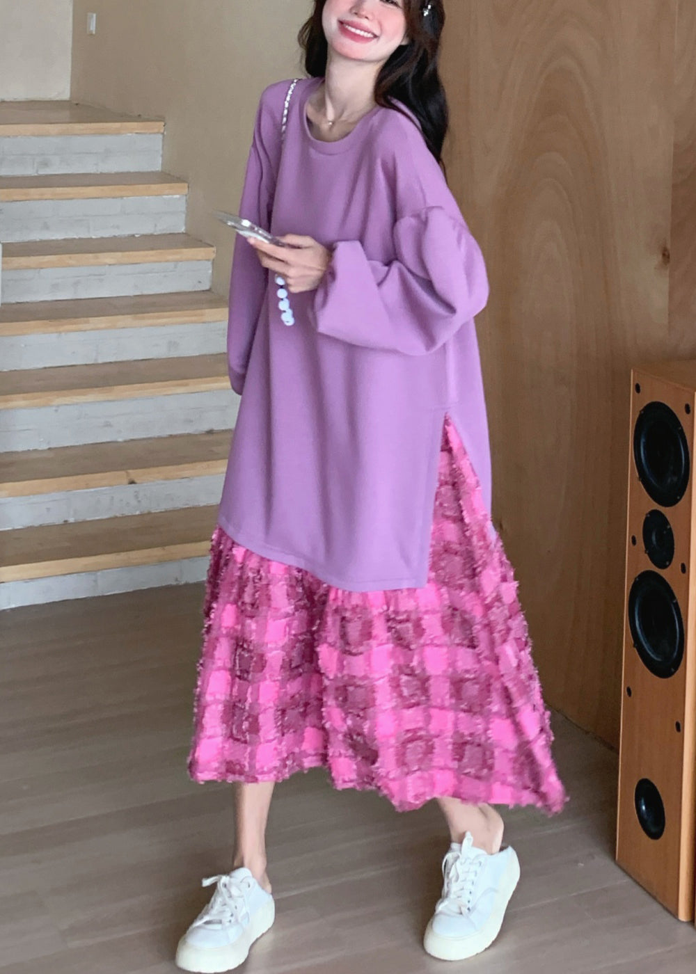 Purple Dress Spring Plaid O-Neck Loose Maxi