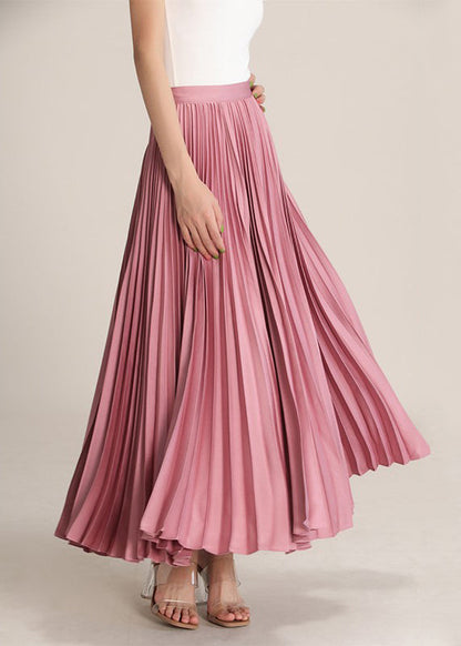 Pink Solid High Waist Silk Pleated Skirt Zippered RV014