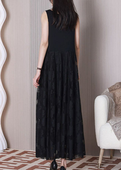 Women Black O Neck Patchwork Cotton Dresses Sleeveless TT1024