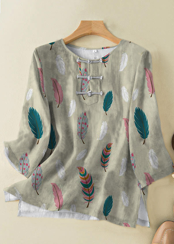 Grace Style Apricot O-Neck Print Oriental Button Side Open Linen Shirt Top Bracelet Sleeve TP049