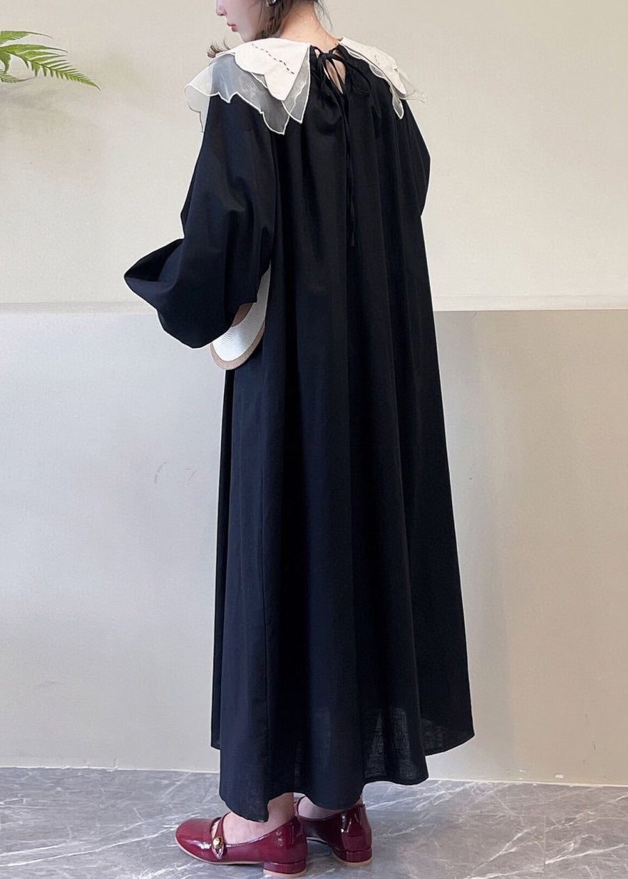 Robe en coton noire à poches et col Peter Pan et manches longues NN043 