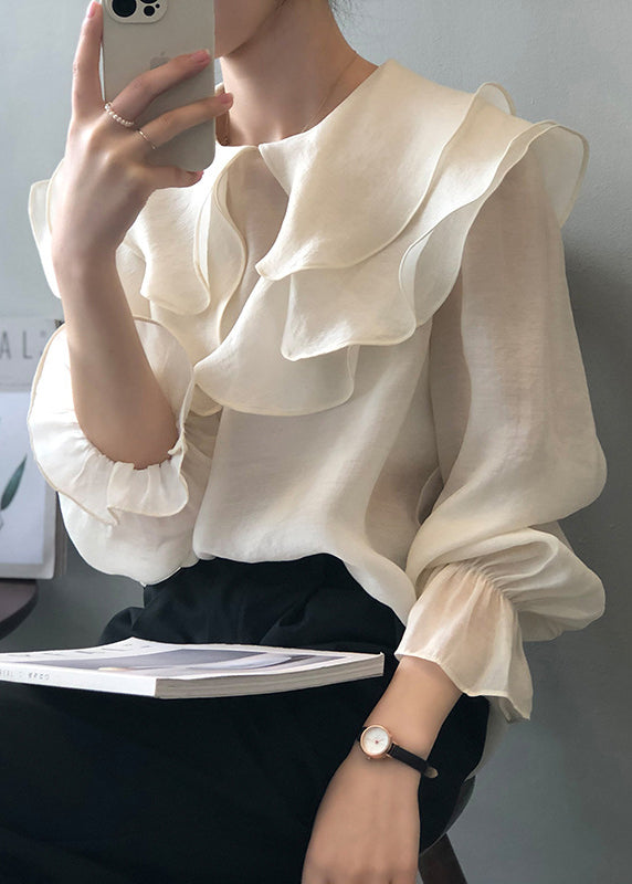 White Patchwork Thin Cotton Shirt Ruffled Long Sleeve AF1028