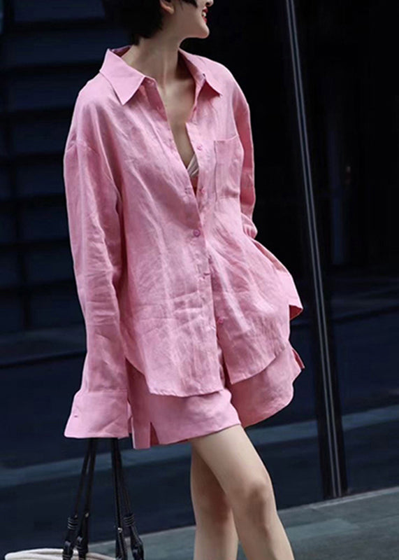 Modern Pink Button Shirts And shorts Two Pieces Set Fall AN1017