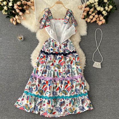 Art white Square Collar Rainbow Striped Floral Print Straps Dress AR1007