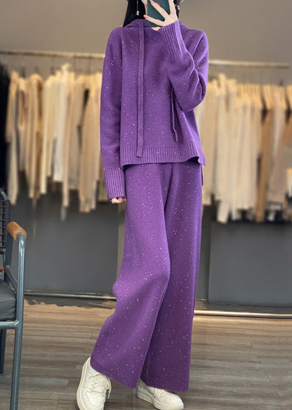 Stylish Purple Drawstring Hooded Cotton Knit Sweaters And Wide Leg Pants Two Piece Set Winter WV015