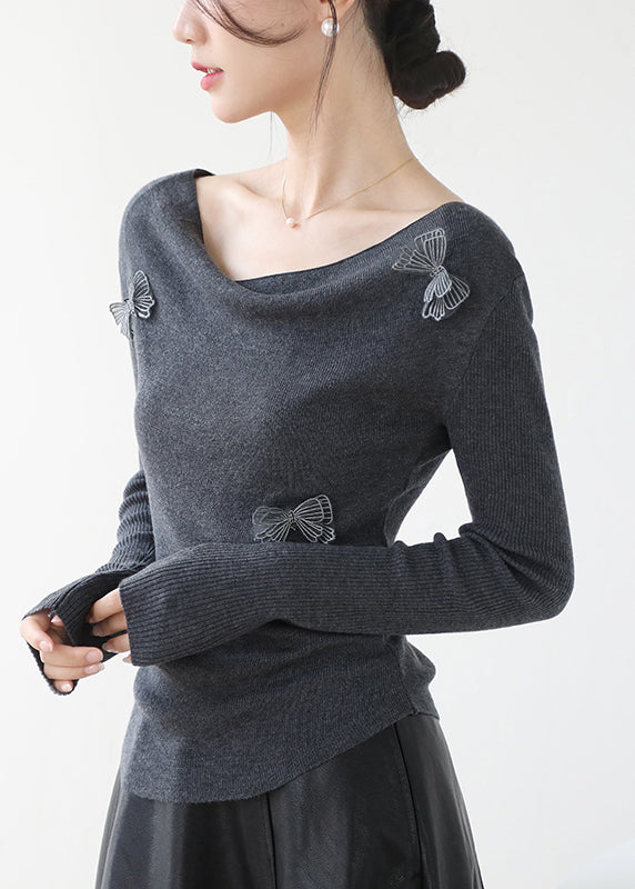 Original Design Grey Slash Neck Butterfly Knit Top Winter RV029