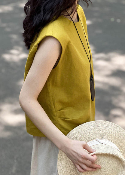 Simple Yellow O Neck Solid Linen Top Sleeveless AF1016