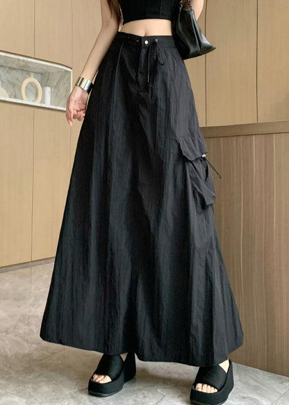 Women Black Pockets Drawstring High Waist Cotton Skirts Summer NN002