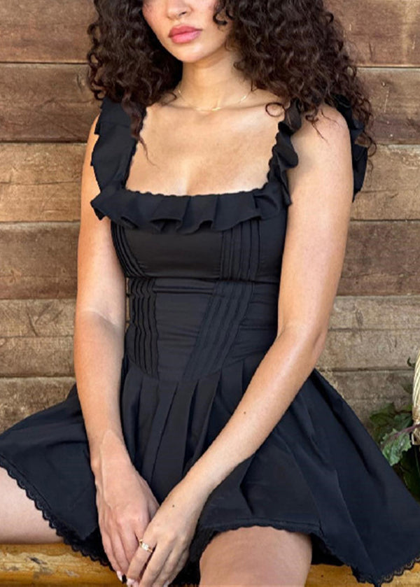 Amerikanischen Stil Schwarz Rüschen Spaghetti Strap Kleid Sommer YY021