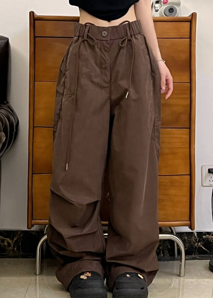 American Style Brown Pockets Wrinkled Cotton Pants Fall WP026