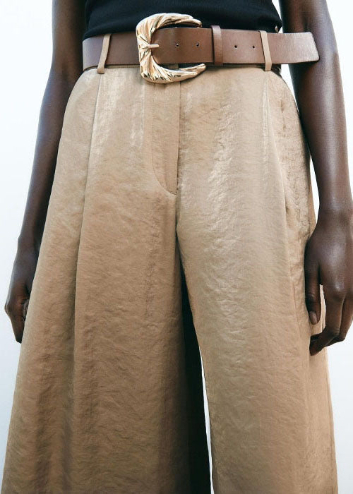 Leg Wide Style Light American Brown Pants Waist High Silk Summer