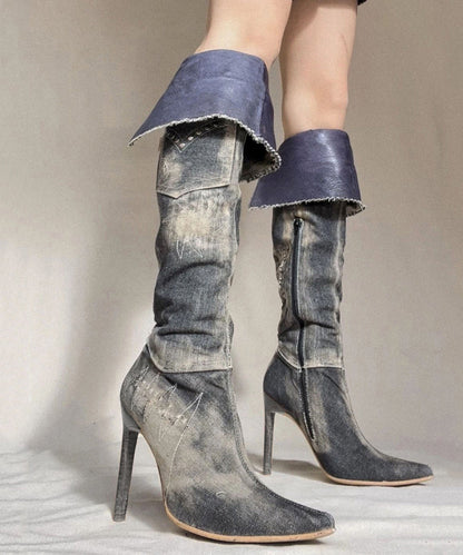 American Style Spicy Girl Pointed Denim Knee High Boots WB015