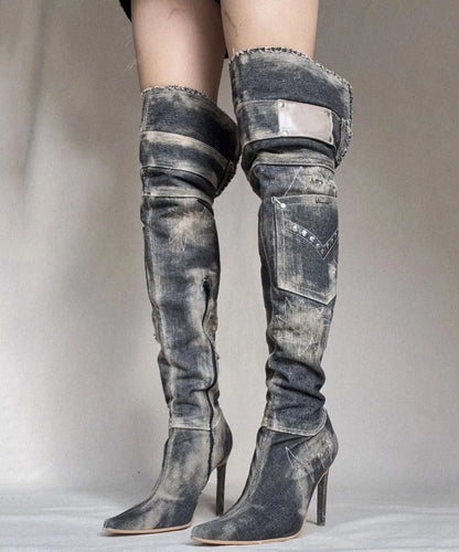 American Style Spicy Girl Pointed Denim Knee High Boots WB015