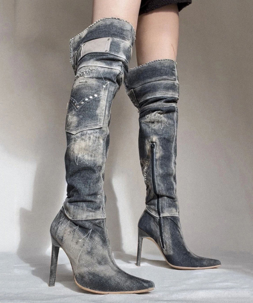 American Style Spicy Girl Pointed Denim Knee High Boots WB015