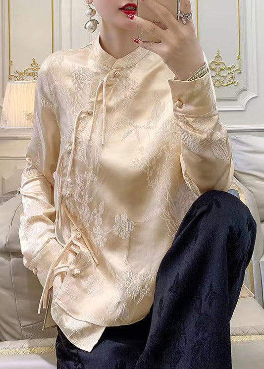 Apricot Button Silk Blouse Stand Collar Long Sleeve Ada Fashion