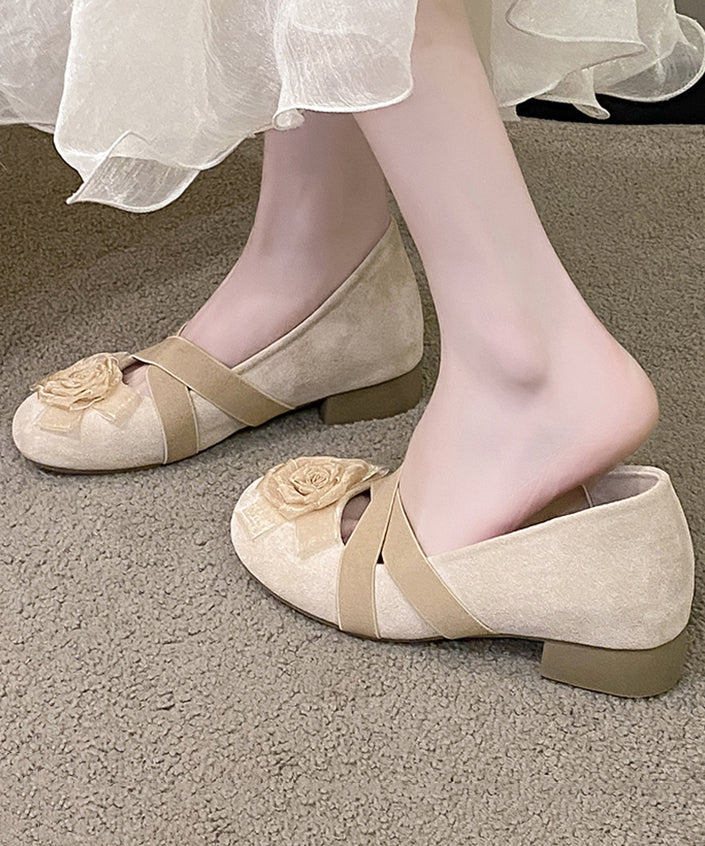 Flat Apricot Cross Feet Floral Splicing Suede Strap Shoes