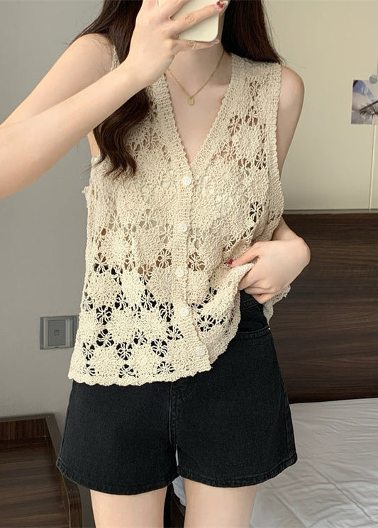 Hollow Vest Apricot Summer Out Solid Knit