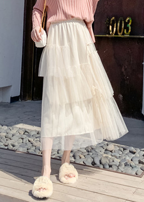 Apricot Lace Up Wrinkled Tulle Elastic Waist Skirt Ada Fashion