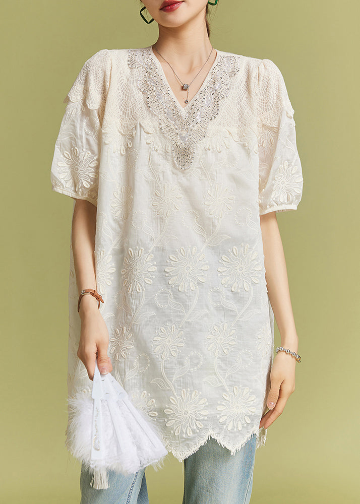 Apricot Nail Bead Lace Cotton Tops Short Sleeve AC1021