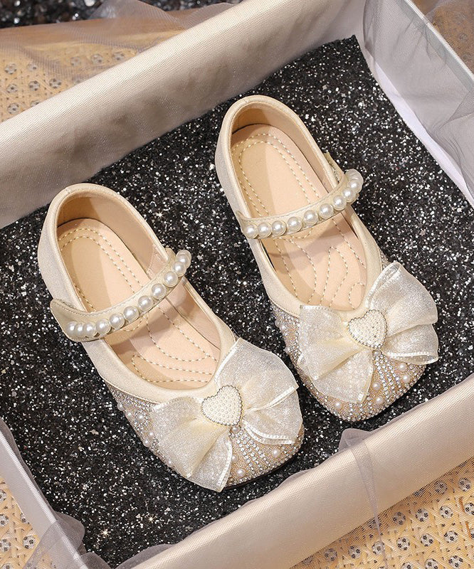 Chaussures pour enfants avec perles et boucle en zircon, abricot, clous plats, sangles pour filles