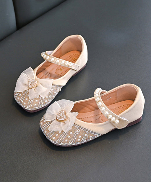 Chaussures pour enfants avec perles et boucle en zircon, abricot, clous plats, sangles pour filles