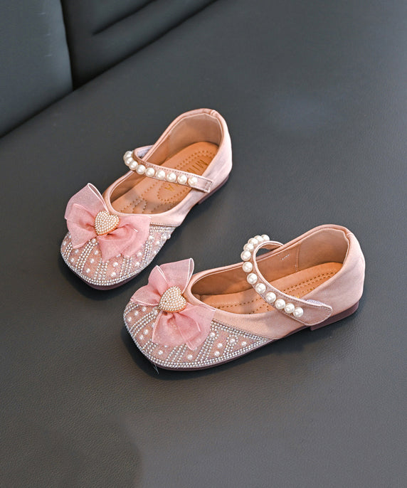 Chaussures pour enfants avec perles et boucle en zircon, abricot, clous plats, sangles pour filles