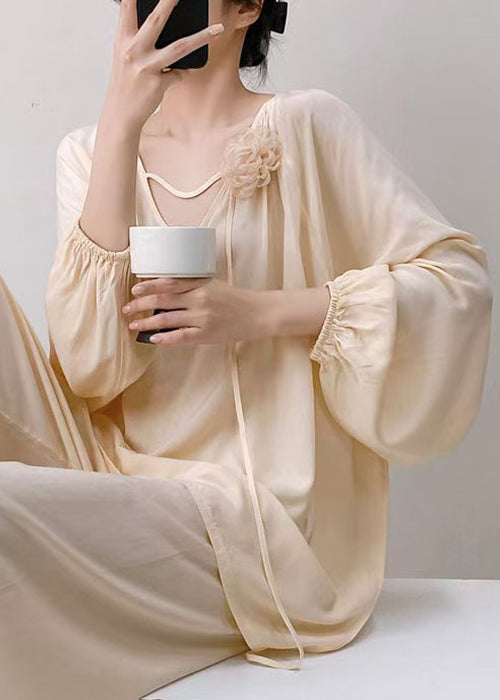Two Neck Pajamas Pieces Apricot Fall Cotton V Solid Oversized Set