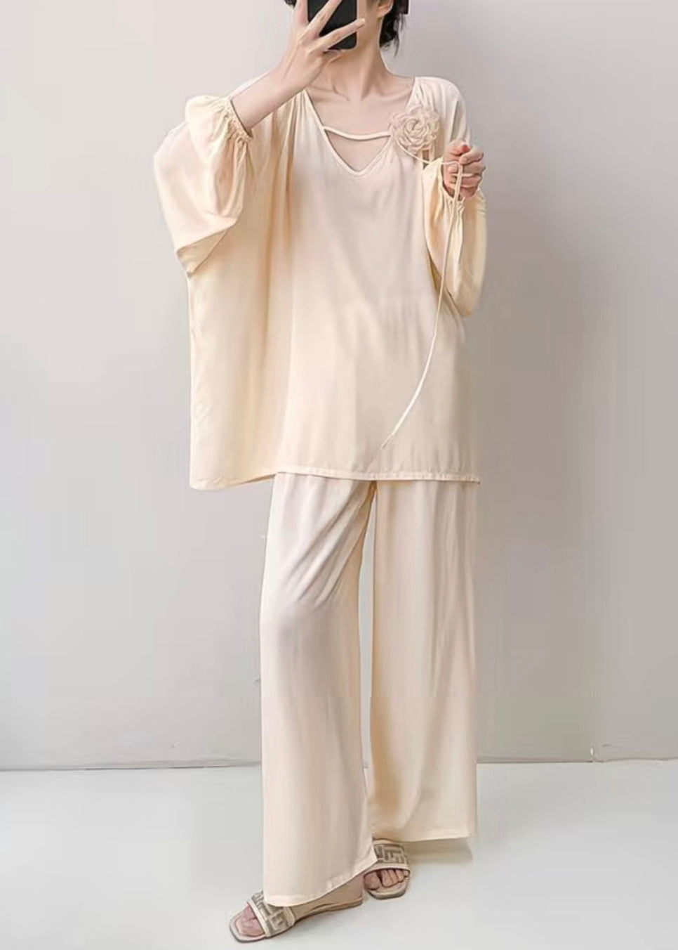 Two Neck Pajamas Pieces Apricot Fall Cotton V Solid Oversized Set