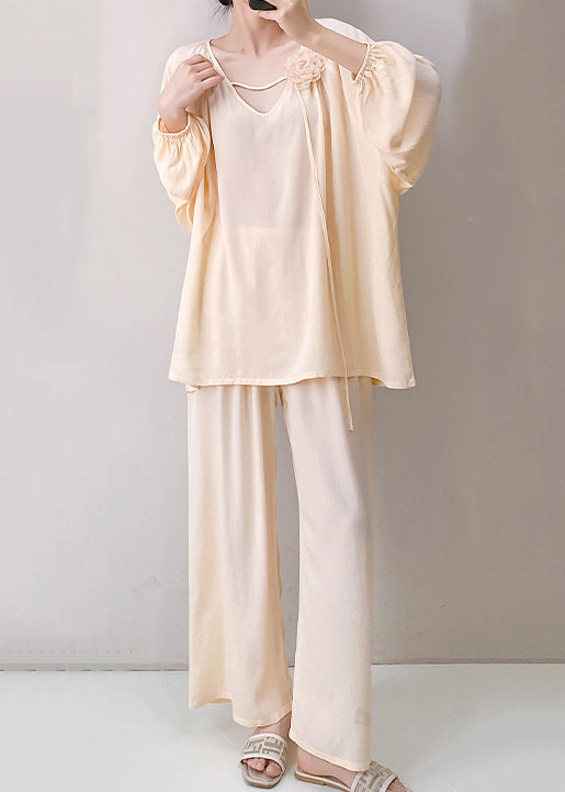 Two Neck Pajamas Pieces Apricot Fall Cotton V Solid Oversized Set