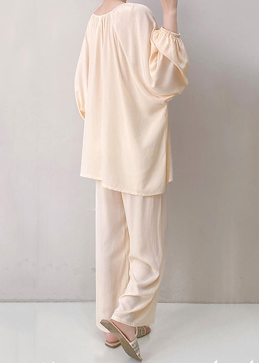 Two Neck Pajamas Pieces Apricot Fall Cotton V Solid Oversized Set