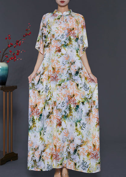 Apricot Print Cotton Cheongsam Dress Mandarin Collar Summer SD1019