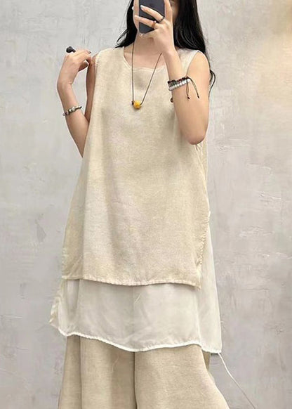 Apricot Side Open Patchwork Cotton Tank O Neck Summer AU1043