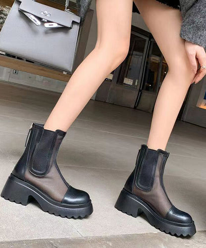 Apricot Stylish Hollow Out Breathable Tulle Splicing Chunky Boots JJ050