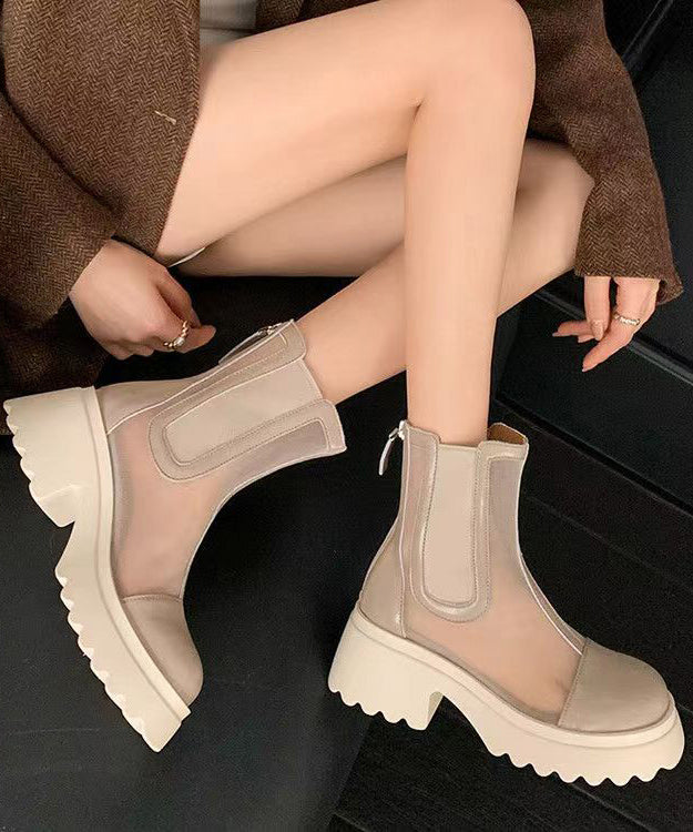 Apricot Stylish Hollow Out Breathable Tulle Splicing Chunky Boots JJ050