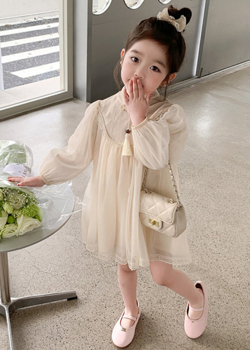 Apricot Tasseled Zippered Tulle Girls Dress Stand Collar Fall XZ058