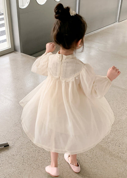 Apricot Tasseled Zippered Tulle Girls Dress Stand Collar Fall XZ058