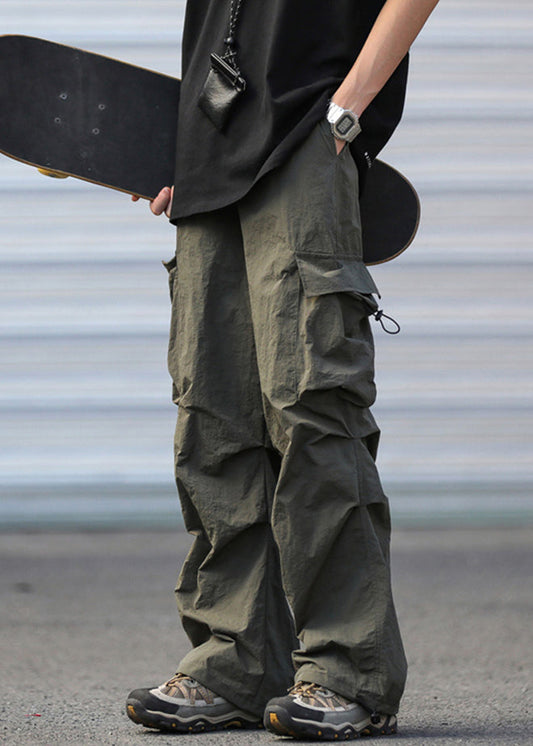 Army Casual Cotton Pants Pockets Drawstring Men Summer Green