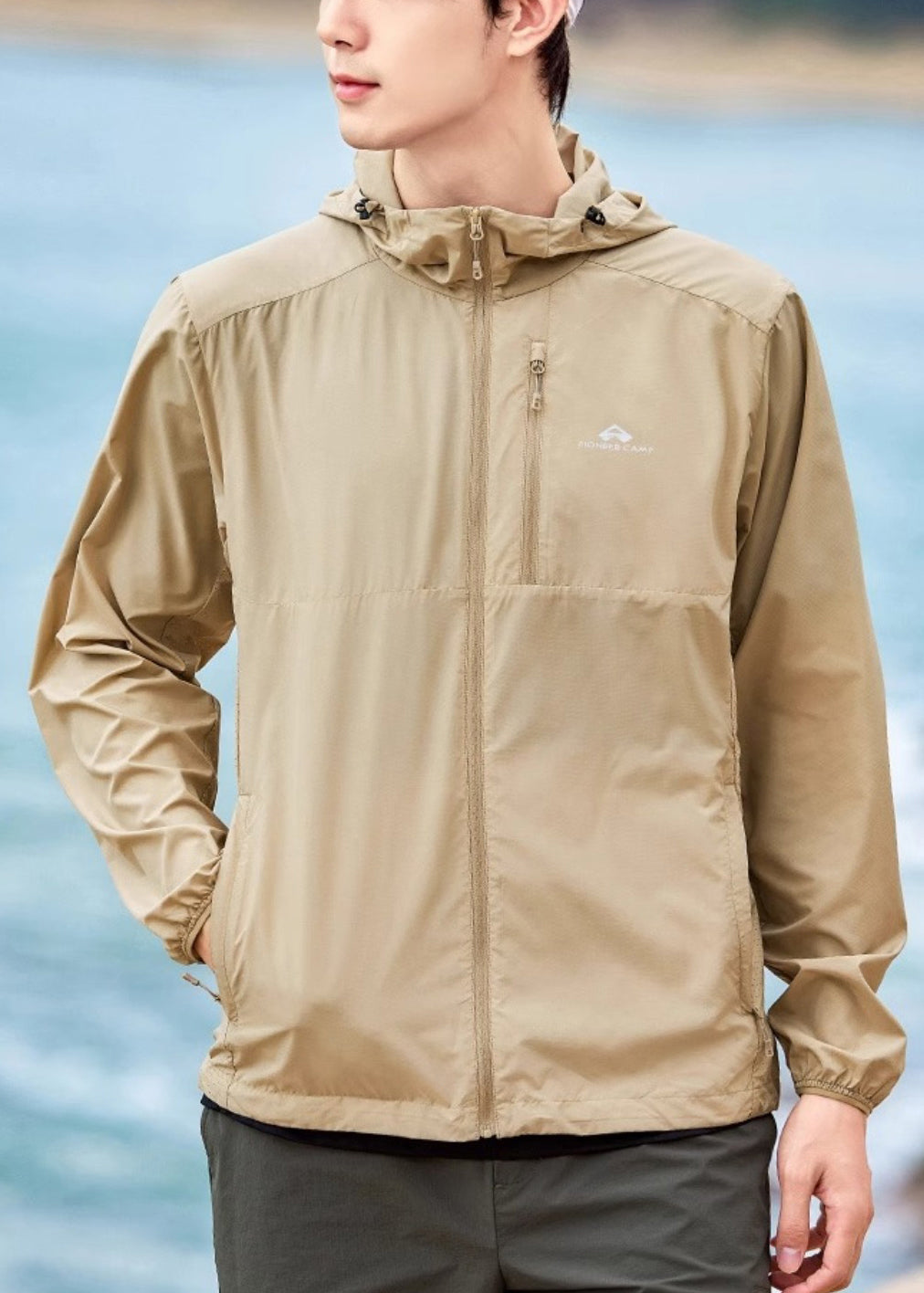 Manteau d'été à capuche pour homme, zippé, poches UPF 50+, vert