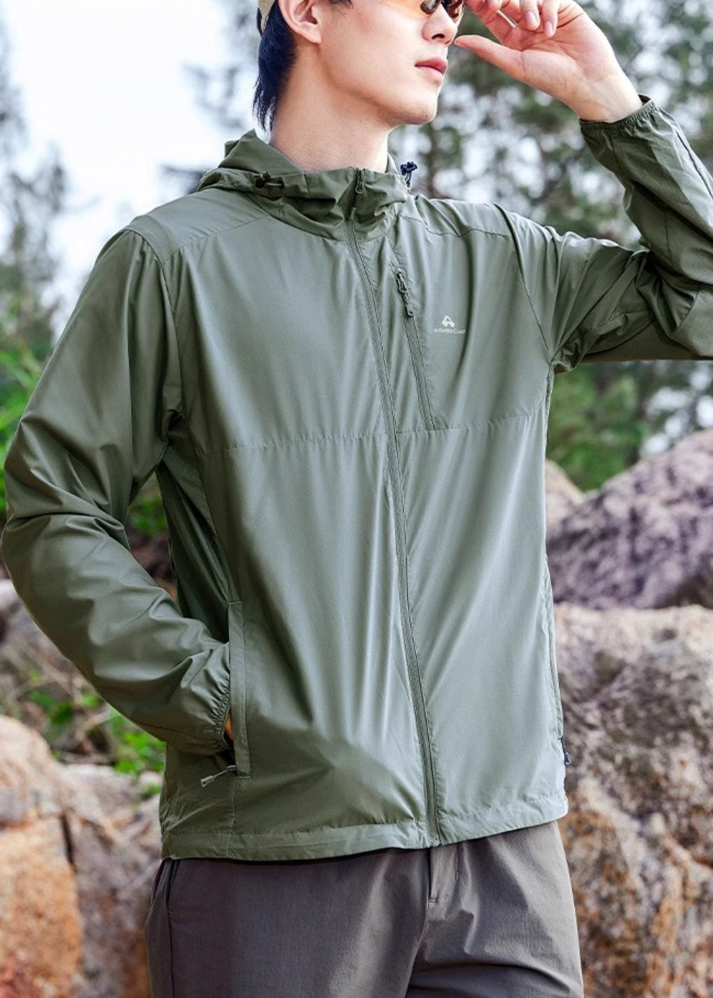 Manteau d'été à capuche pour homme, zippé, poches UPF 50+, vert