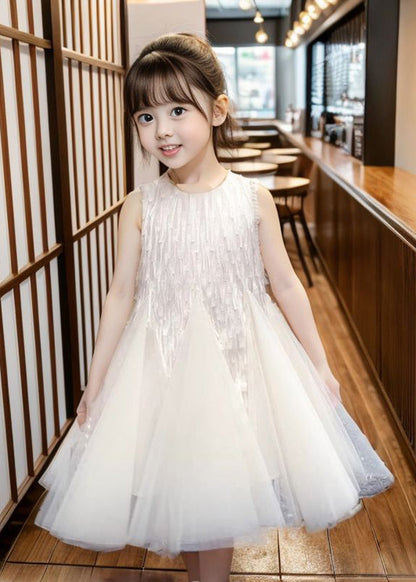 Art Apricot O-Neck Patchwork Tulle Girls Long Dress Sleeveless XZ030