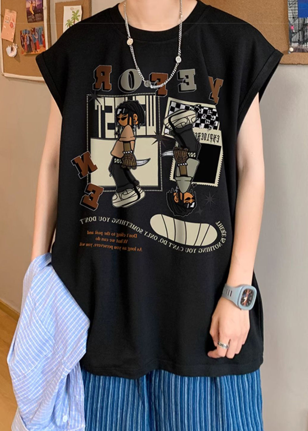 Chemise homme sans manches en coton imprimé artistique abricot T