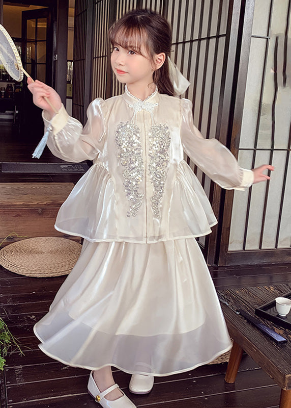 Und Seide Zwei Shirts Kinder Maxi Röcke Kunst Apricot Pailletten Knopf