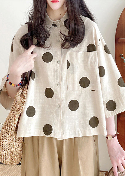 Art Beige Dot Pockets Patchwork Cotton Shirt Bracelet Sleeve RE034